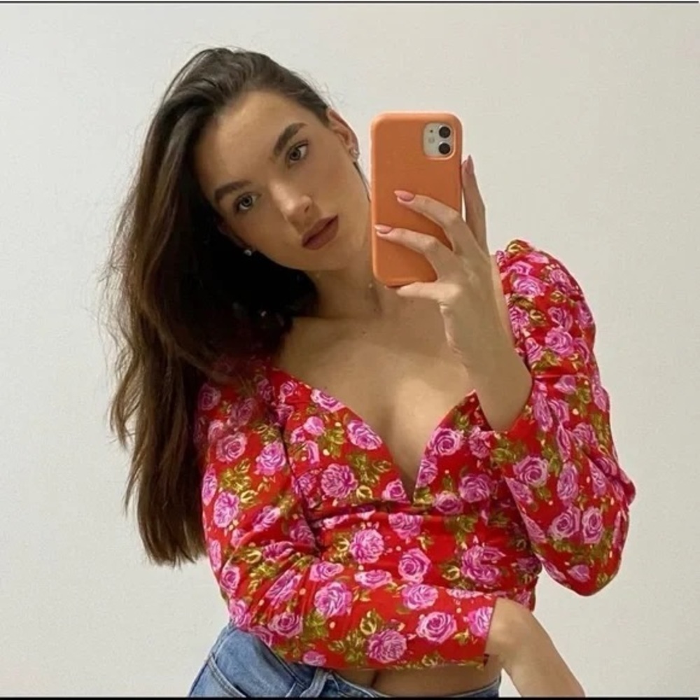 Zara Floral Draped Long Sleeve Bustier Style Crop Top, Size S - Picture 1 of 12